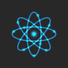 Planetary model of the atom, Rutherford is atomic structure model physical symbol of glowing neon blue lines, scientific logo