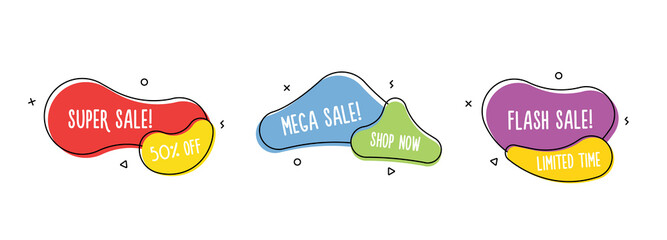 Aufkleber - Set of modern organic shapes. Fluid vector trendy elements with shop, sale and discount texts. Hand drawn doodle vector style design set.