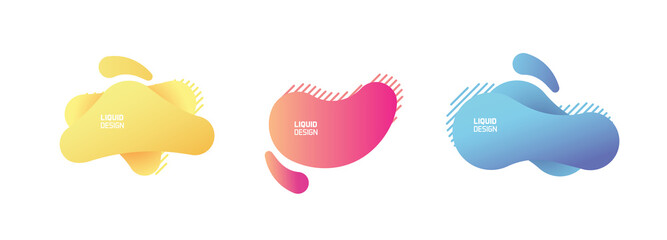Aufkleber - Set of modern organic and colorful shapes. Fluid vector trendy and glowy elements. Template graphics with geometric speech bubbles and banners with frames to put your own text