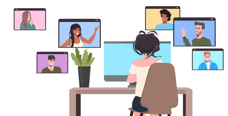 Wall Mural - businesswoman chatting with mix race colleagues in web browser windows during video call online conference meeting self isolation concept horizontal portrait vector illustration