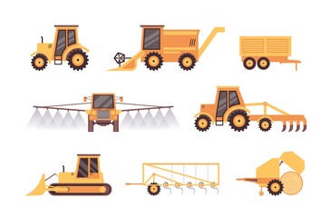 Agricultural vehicles and machinery set, flat vector illustration isolated.