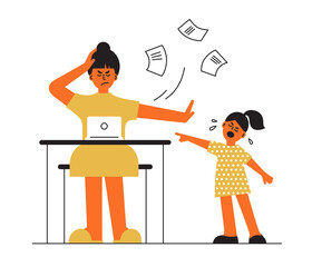 Frustrated parent concept. Tired mother trying work at home. Little daughter crying requiring laptop. Busy freelancer mom, capricious baby girl. Child and job. Difficult motherhood vector illustration