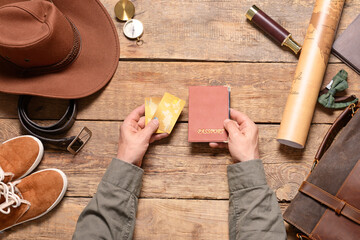 Sticker - Set of travel accessories on wooden background