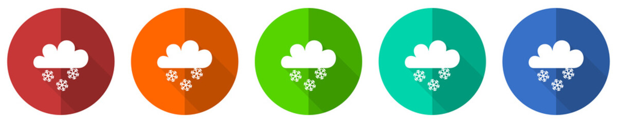 Aufkleber - Snowing icon set, red, blue, green and orange flat design web buttons isolated on white background, vector illustration