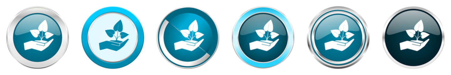Leinwandbilder - Hand protect plant growth silver metallic chrome border icons in 6 options, set of web blue round buttons isolated on white background