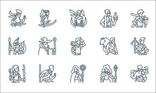 Roleplaying Avatars Line Icons. Linear Set. Quality Vector Line Set Such As Barbarian, Priest, Adventurer, Magician, Monk, Dragon, Druid, Alchemy, Samurai.