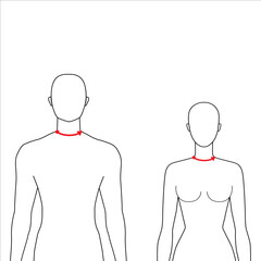 Wall Mural - Women and men to do neck size measurement fashion Illustration for size chart. 7.5 head size girl and boy for site or online shop. Human body infographic template for clothes. 