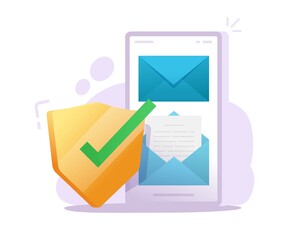 Aufkleber - Email document secure mobile phone communication online concept, smartphone electronic mail letter text file protection, digital guard vector flat cartoon illustration, antivirus security verified