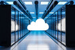 cloud computing logo in large modern data center with multiple rows of server racks, 3D Illustration