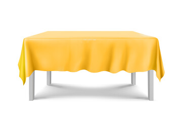 White square Table with yellow tablecloth on a white background.cloth,realistick,3d.furniture for interior, vector
