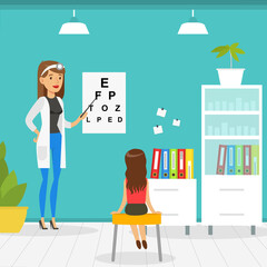 Sticker - Optometrist Checking Girl Eyesight with Test Chart in Office, Doctor Woman Doing Medical Examination of Kid, Medical Service Concept Vector Illustration