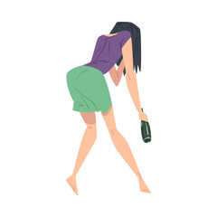 Poster - Back View of Woman with Alcohol Drink Bottle in her Hands, Drunkenness, Bad Habit Concept Cartoon Style Vector Illustration