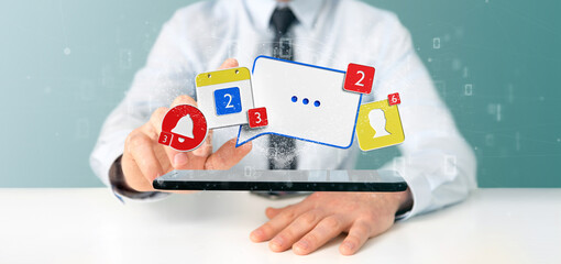 Poster - businessman holding social network notifications - 3d rendering