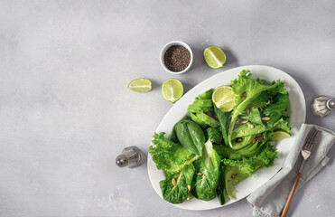 Diet green salad plate top view. Healthy food concept