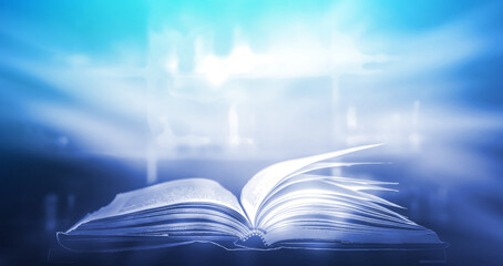 Poster - The blurred book that is bewitched with magic, the magic light in the dark, with the bright light shining down as the power to search for knowledge. For research and use as a blurred background