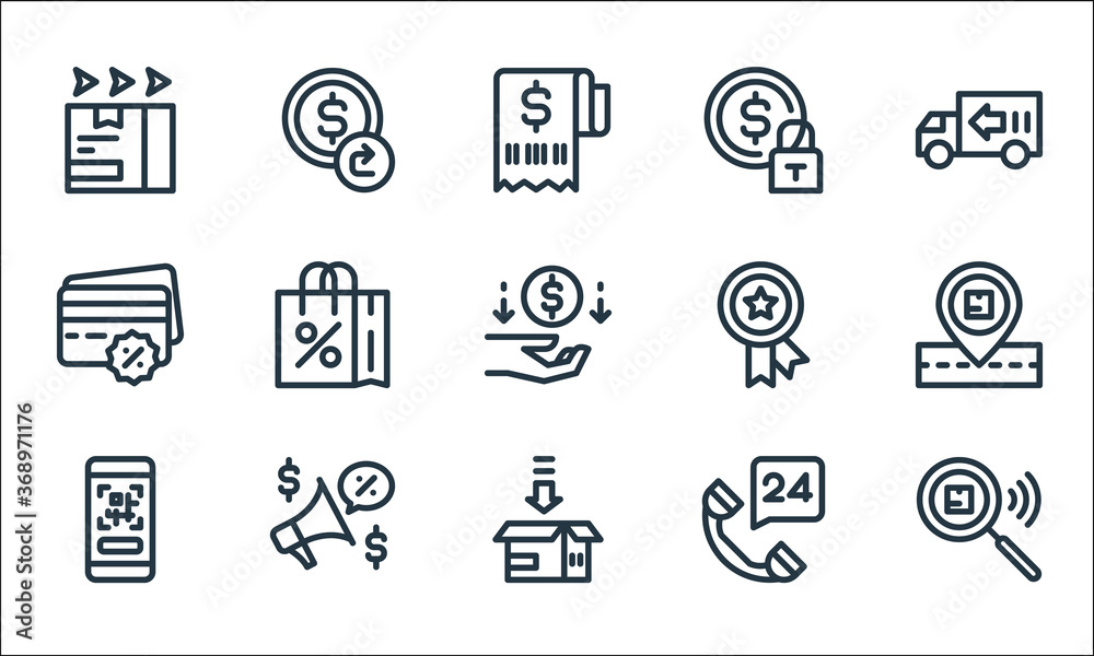 ecommerce line icons. linear set. quality vector line set such as package checking, packing, qr code, hours, promotion, cit card payment, premium quality, security, refund. - obrazy, fototapety, plakaty 
