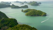 Bird Eye Panoramic Aerial Top View Of Islands In Ocean At Ang Thong National Marine Park Near Touristic Samui Paradise Tropical Resort. Archipelago In The Gulf Of Thailand. Idyllic Natural Background