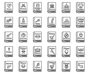 Poster - Literary genres book icons set. Outline set of literary genres book vector icons for web design isolated on white background