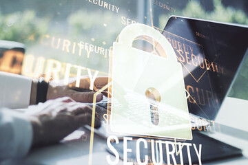 Poster - Creative idea concept with lock symbol and microcircuit illustration and hands typing on laptop on background. Protection and firewall concept. Multiexposure