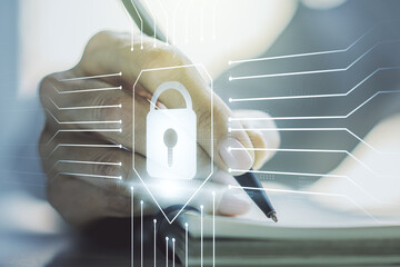 Poster - Creative lock illustration with microcircuit and woman hand writing in diary on background, cyber security concept. Multiexposure