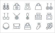 Accessory Line Icons. Linear Set. Quality Vector Line Set Such As Socks, Bag, Pearl Necklace, Sock, Purse, Dangling Earring, Perfume Containter, Handbag, Fashionable Bag.
