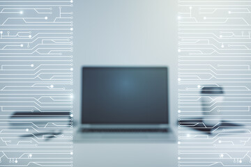 Poster - Creative concept of microscheme illustration on modern laptop background. Big data and database concept. Multiexposure