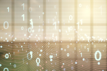 Poster - Abstract virtual binary code illustration on empty corporate office background. Big data and coding concept. Multiexposure
