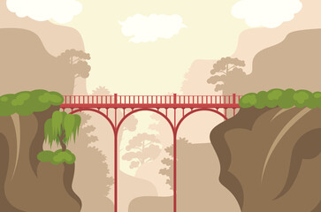 Wall Mural - Cartoon Color Bridge and Landscape Scene Concept. Vector