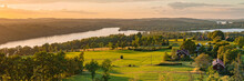 Rural Sunset Panoramic View At The Swedish Coutry Side During Golden Hour
