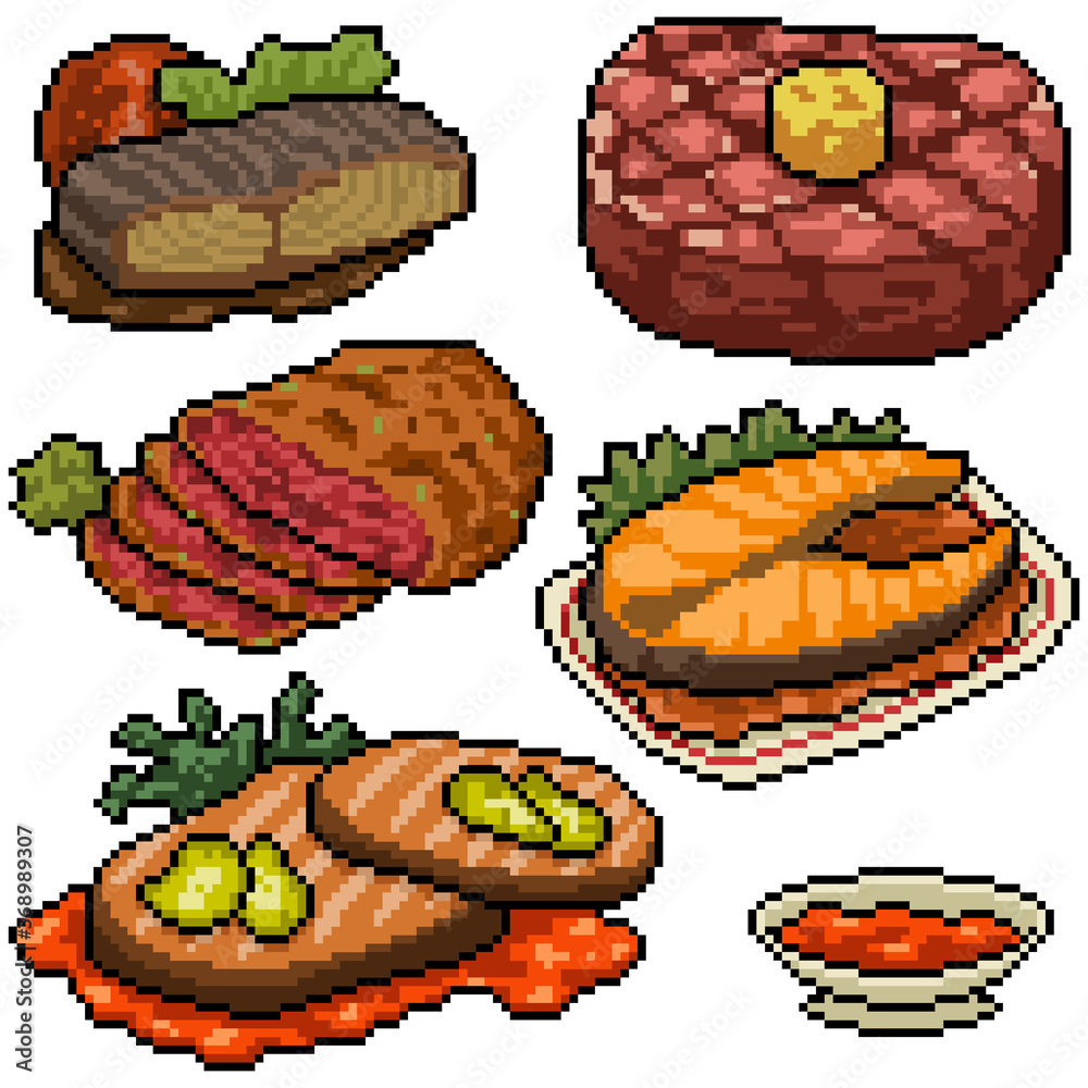 pixel art set isolated steak meal Stock Vector | Adobe Stock