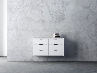 Wall Mural - White bureau mockup in empty living room with concrete wall