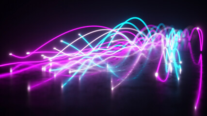 Wall Mural - Spread of blue and violet neon fiber wires in space above the surface. The movement of the camera behind the wires. Dissemination and transmission of information in the digital world. 3d illustration