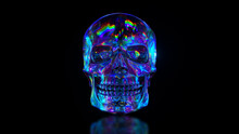 Human Skull Reflective Background Environment. Colorful Iridescent Neon Spectrum. 3d Illustration