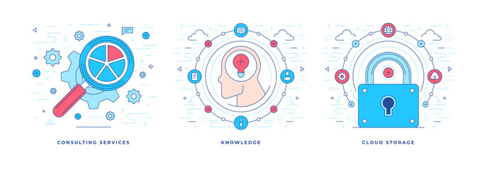 Poster - Vector illustrations of flat line designs with graphic icons for various information services advertisement