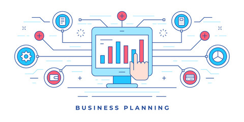 Poster - Vector illustration of flat line banner with human hand interacting with on computer for website business planning