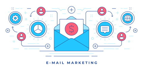 Poster - Vector illustration of flat line banner with letter with financial news and icons for email marketing in social media
