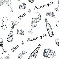 Canvas Print - wine, champagne drink sketch vector seamless pattern isolated on white background. Concept for menu, cards, wallpaper, wrapping paper 