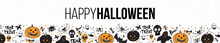 Halloween Party Long Horizontal Web Banner Design With Typography. Funny Vintage Concept With Hand Drawn Illustration.