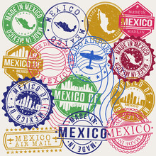 Mexico DF Set Of Stamps. Travel Stamp. Made In Product. Design Seals Old Style Insignia.