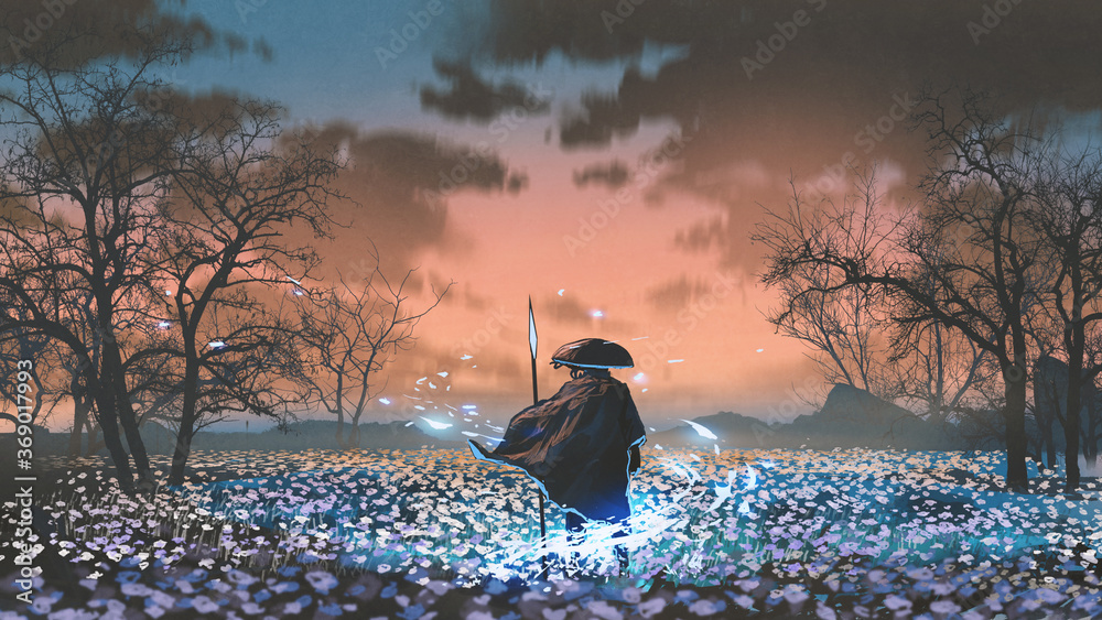 ancient warrior with the magic spear standing in the meadow, digital art style, illustration painting - obrazy, fototapety, plakaty 