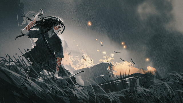 female hunter with a bow in the battlefield, digital art style, illustration painting