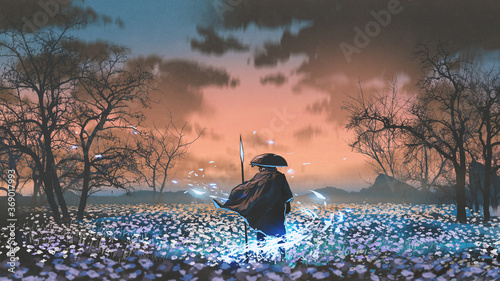 Fotografía ancient warrior with the magic spear standing in the meadow, digital art style,