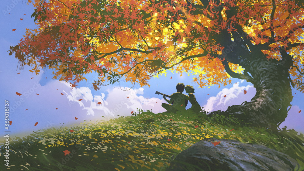 lovers sitting and playing guitar under the tree in autumn, digital art style, illustration painting - obrazy, fototapety, plakaty 