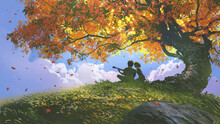 Lovers Sitting And Playing Guitar Under The Tree In Autumn, Digital Art Style, Illustration Painting