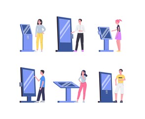 People using digital sensor self service panel-set of vector isolated illustrations