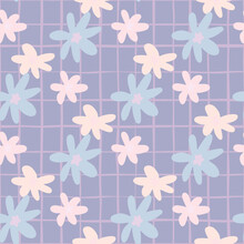 Chamomile Flowers Seamless Doodle Pattern. Daisy Ornament In Pink And Blue Tones On Pastel Blue Chequered Background.