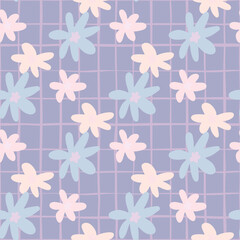 Wall Mural - Chamomile flowers seamless doodle pattern. Daisy ornament in pink and blue tones on pastel blue chequered background.