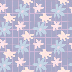 Sticker - Chamomile flowers seamless doodle pattern. Daisy ornament in pink and blue tones on pastel blue chequered background.