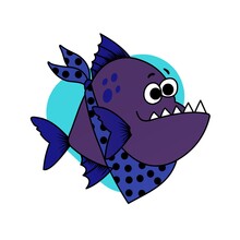 Illustration Of Purple Fish With Blue Fins And Sharp Teeth Cartoon, Cute Funny Character, Flat Design