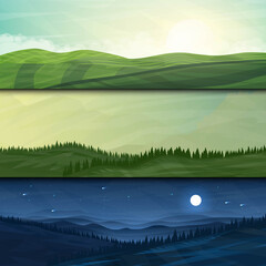 Wall Mural - vector illustration. minimalist style. flat concept. landscape backgrounds set. meadow, forest and h